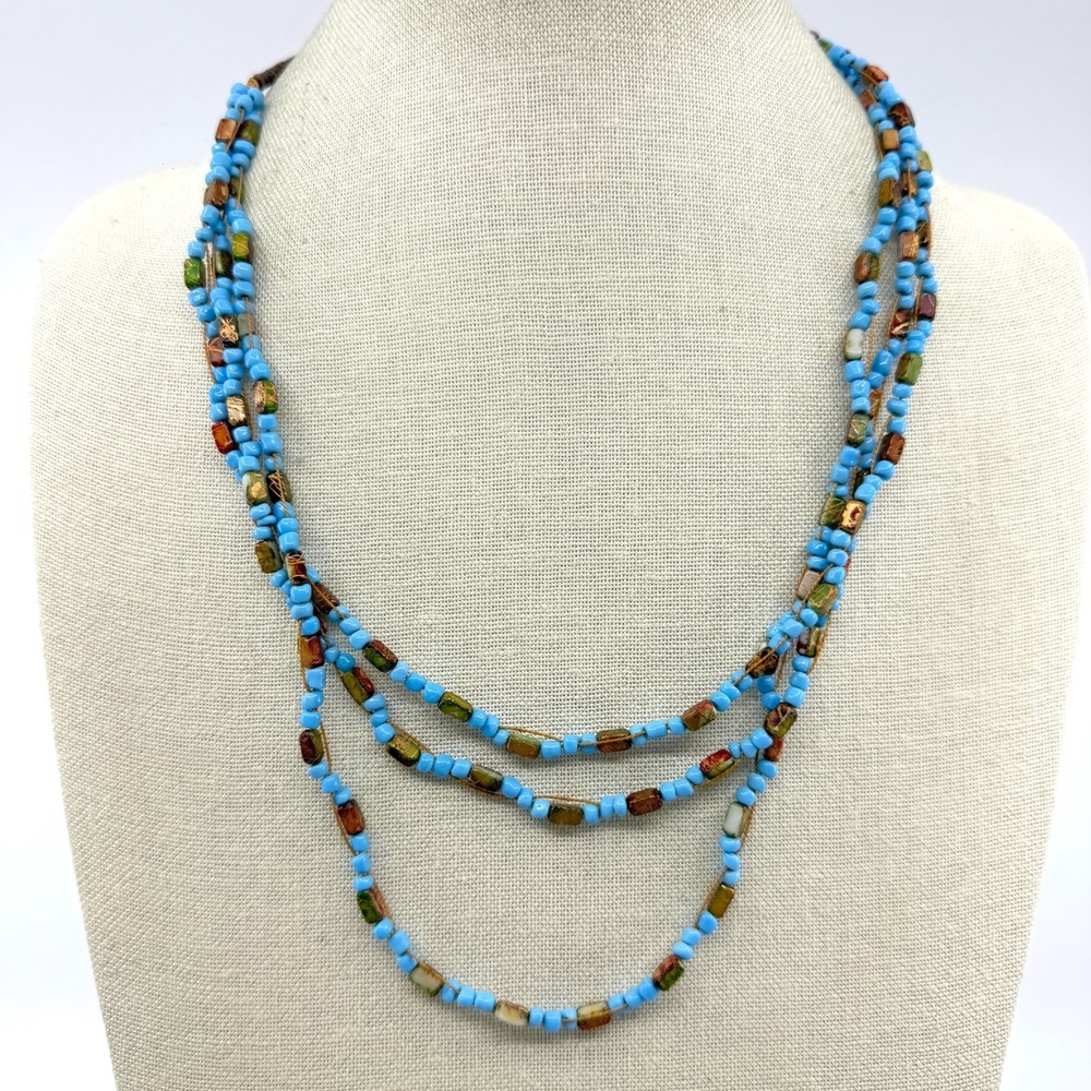 Turquoise Tone Blue Multicolor Glass Bead Multi Strand Necklace Boho Statement